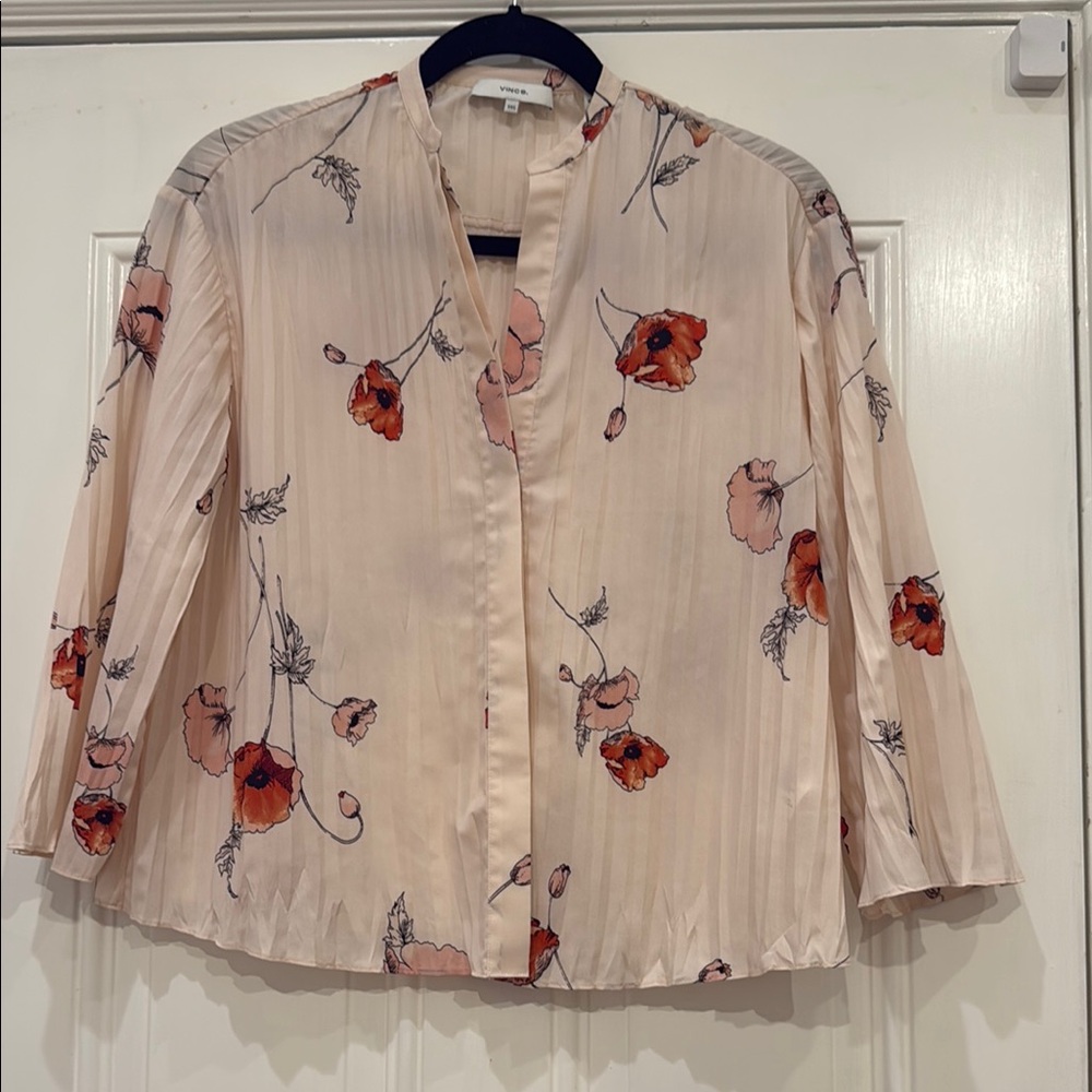 Vince Cream Pleated Blouse with Mandarin Collar